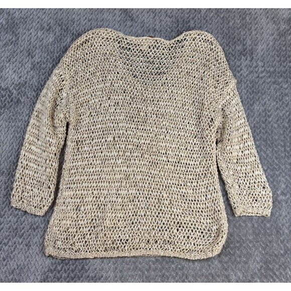 Womens Chicos Loose Open Knit Beige V-Neck Pullover Sweater 3/4 Sleeve Size 0 - Picture 2 of 5